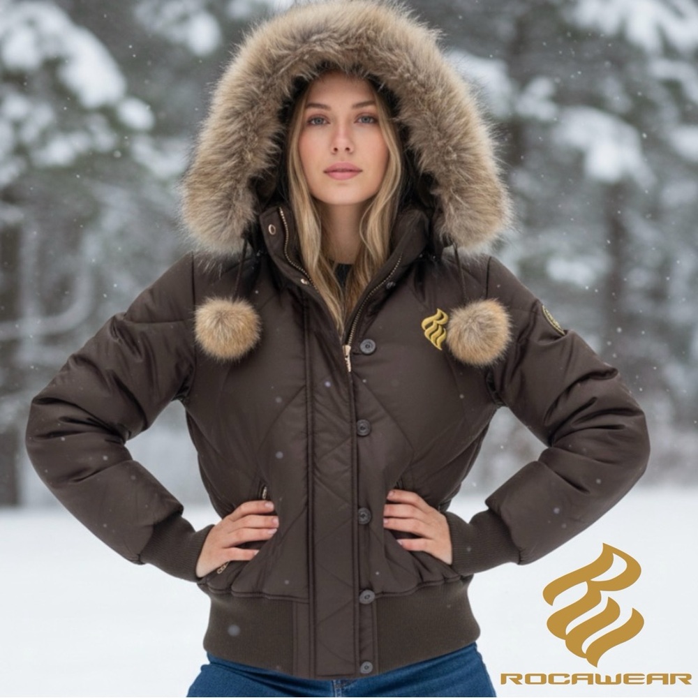 Vintage Y2K ROCAWEAR Women’s XXL Down Filled Racoon Trim Brown Puffer Jacket